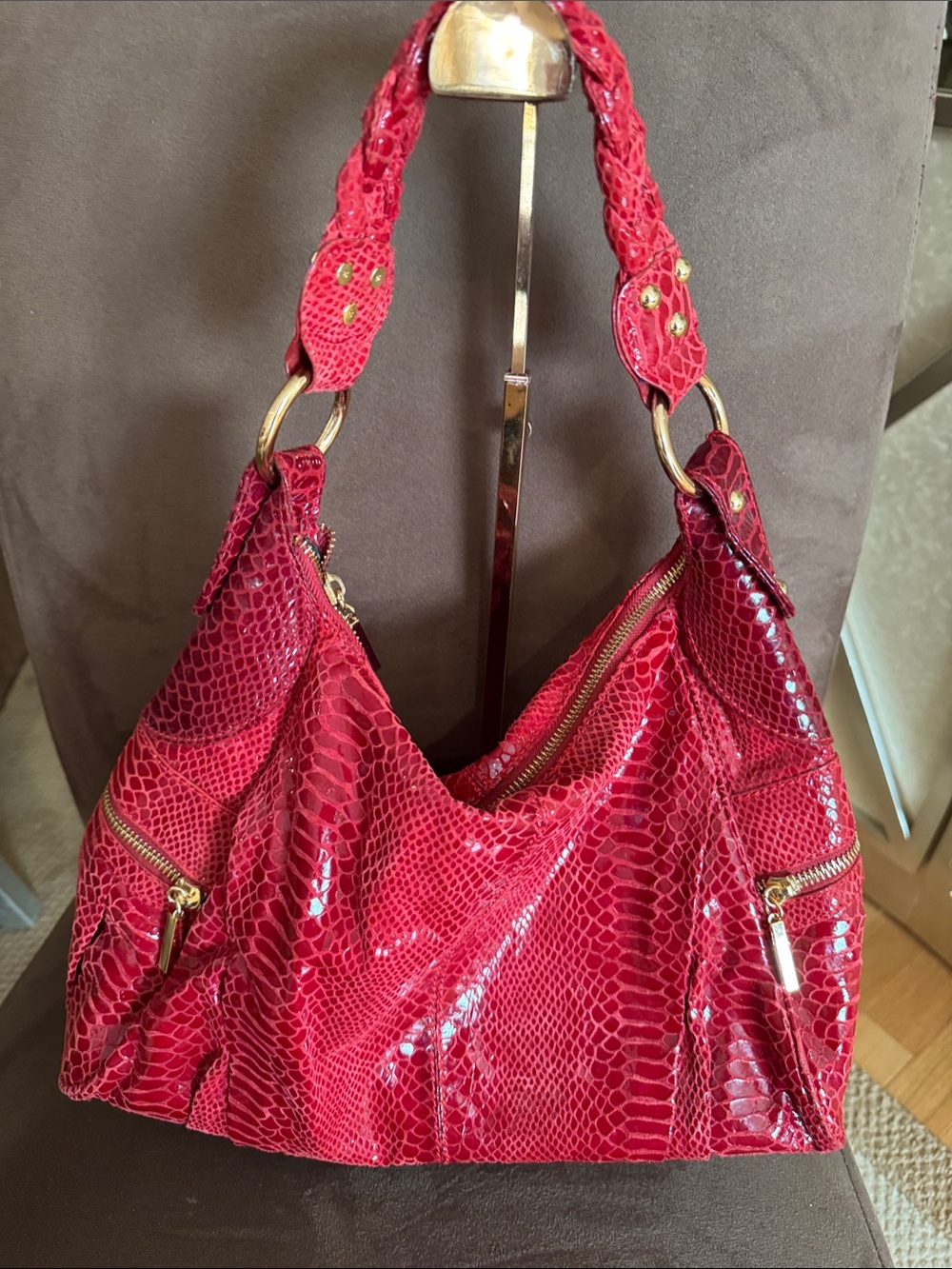 Red Leather Tiffany & Fred Snakeskin Shoulder Bag with Gold Hardware